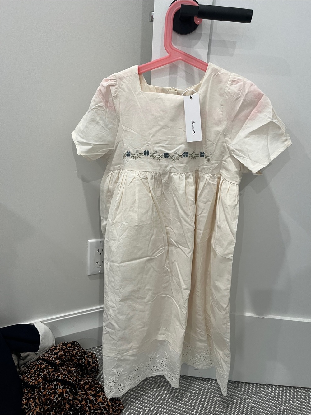Kids Cream Embroidered Square-Neck Dress